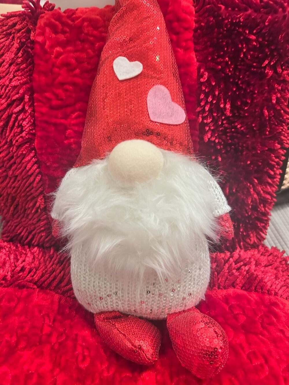 Valentine's Day Plush Gnome with Red Sequin Heart Hat and White Knit Body